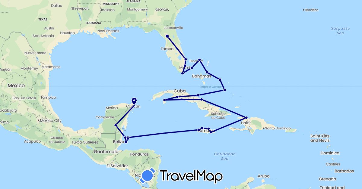 TravelMap itinerary: driving in Bahamas, Belize, Cuba, Haiti, Jamaica, Mexico, United States (North America)